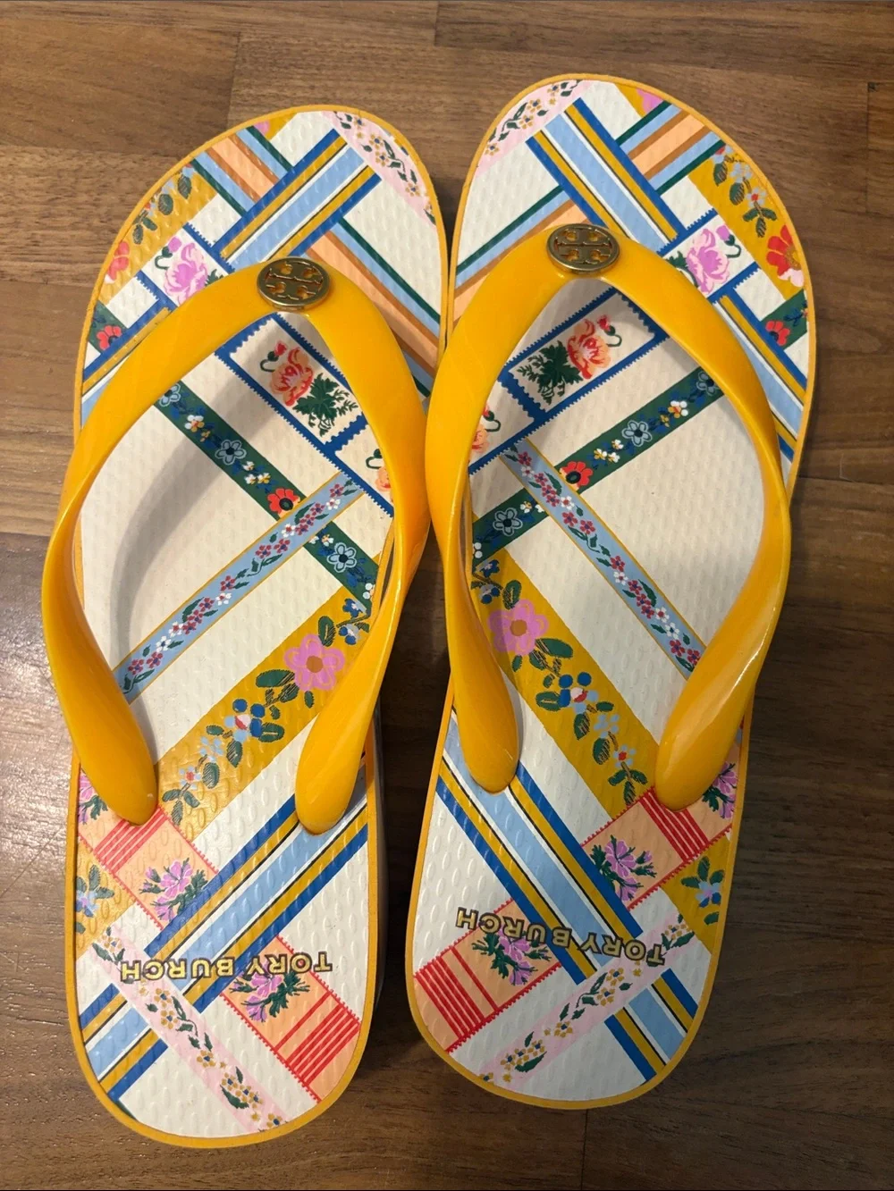 Tory Burch Yellow Floral Stripe Logo Flip Flops Never Worn